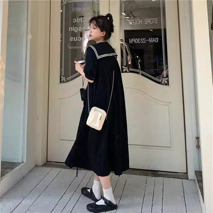 plus Size 300 Pounds Nautical Collar Dress Women's Loose over Knee Long Dress Conceal Meat Slimming College Style  Color