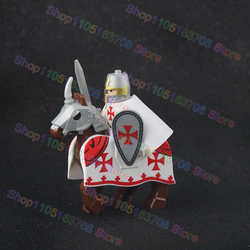 MOC Medieval Military Crusader Knight Building Blocks Castle Army Soldier Figure Horse Mount Shield Sword Accessories Bricks Toy