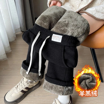 Lamb Velvet Wide Leg Pants Women's High Waist Thickened Fleece Corduroy Warm Cotton Pants Casual Straight Leg Trousers