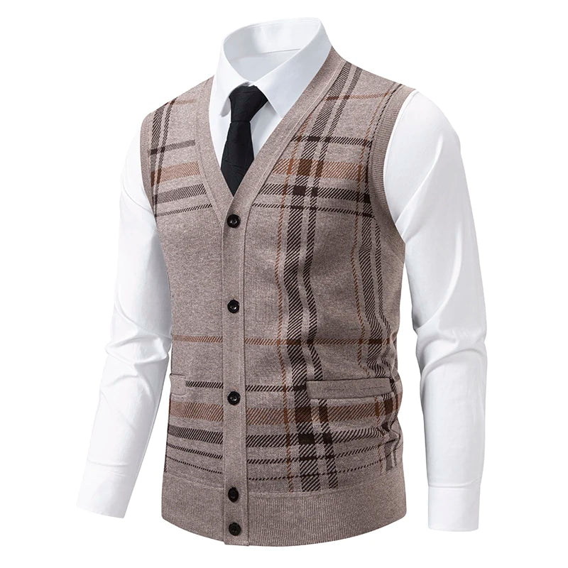Men's V-Neck Sleeveless Vest Knitted Button Cardigan Geometric Waistcoat Autumn Winter Fleece Lined Knit Vests