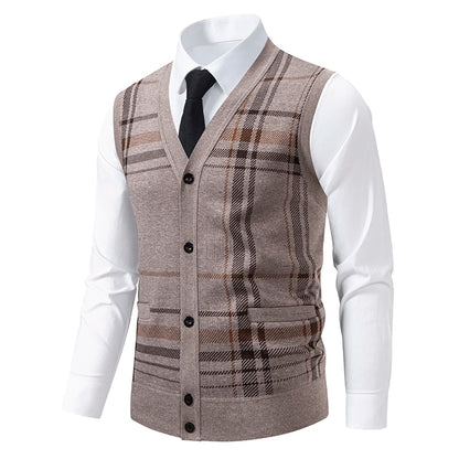 Men's V-Neck Sleeveless Vest Knitted Button Cardigan Geometric Waistcoat Autumn Winter Fleece Lined Knit Vests