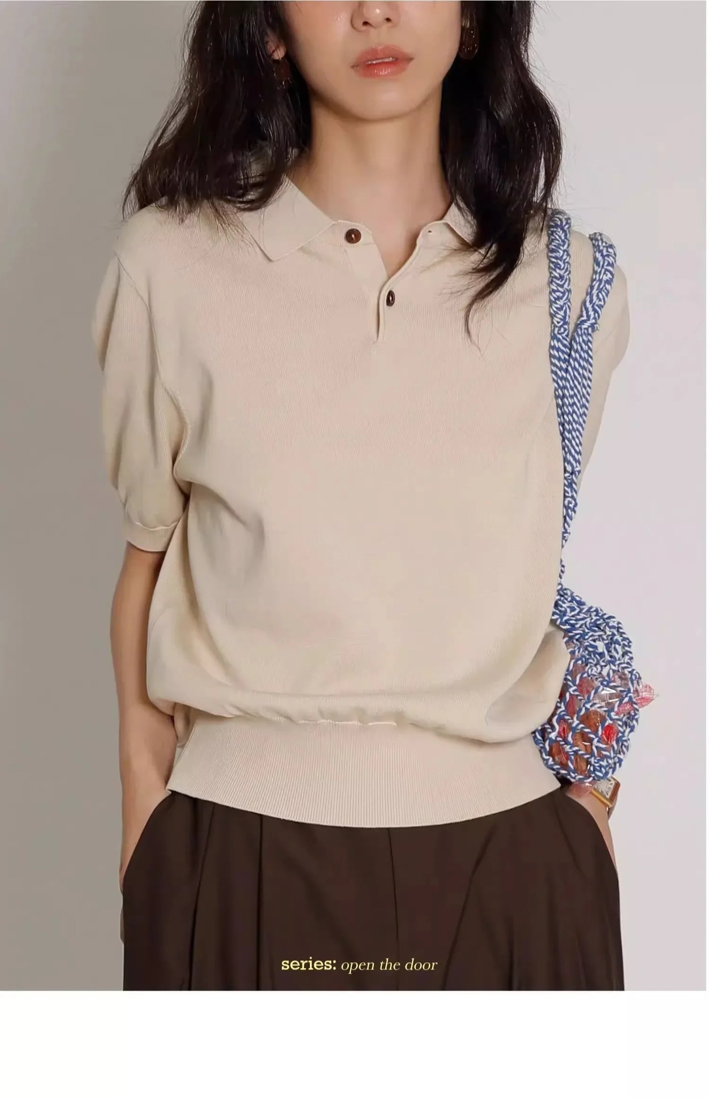 Women's Blue Ice Silk Knitted Polo Shirt Short Sleeve French Lapel Top Thin Summer High-Grade Shoulder T-Shirt