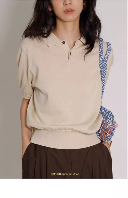 Women's Blue Ice Silk Knitted Polo Shirt Short Sleeve French Lapel Top Thin Summer High-Grade Shoulder T-Shirt
