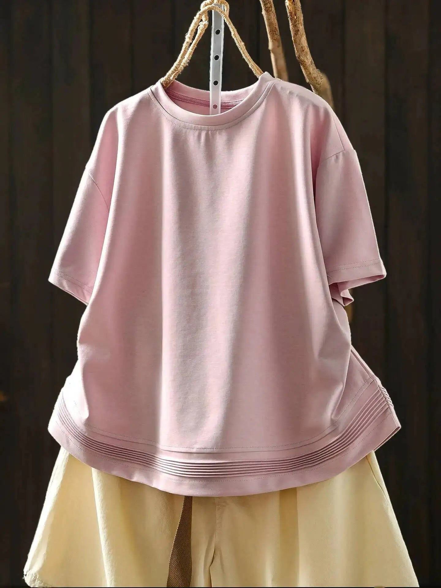 Pink Short-sleeve Women Top 2026 Stylish Summer New Design Pleated Hem Loose T-shirt ZF2158