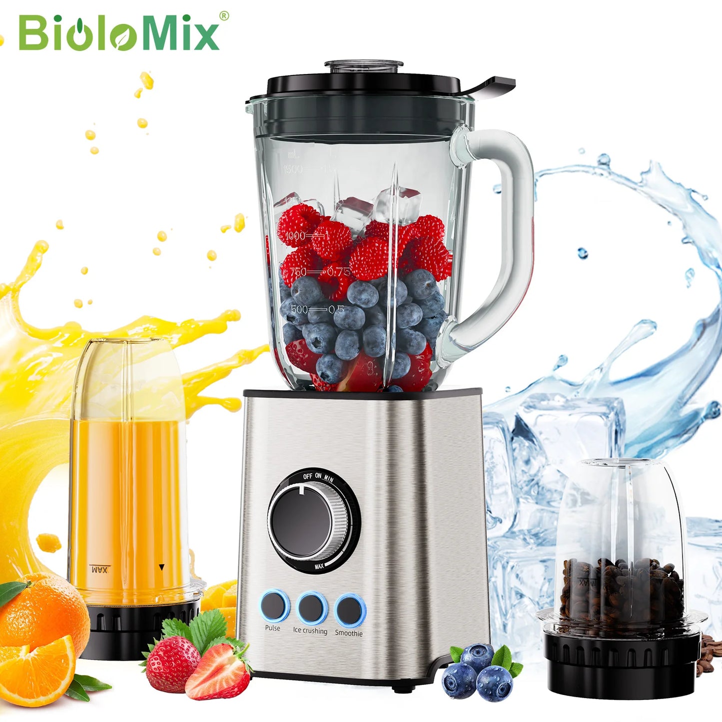 BioloMix 3 in 1 Smoothie Blender With Stainless Steel Blades, 1300W Personal Blenders and Grinder Combo for Baby Food, Juice