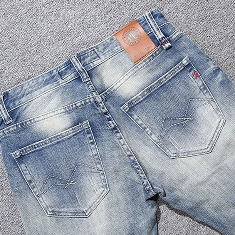 Hombrefashion Y2K Men's Slim Fit Jeans Light Blue Nostalgic Stretch Designer High-Quality Pants for Laundry