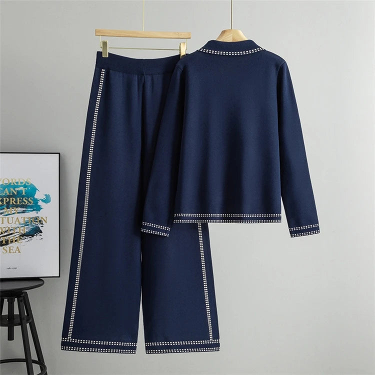 Loose Long Sleeve Collared Sweater And Pants Set Women's Casual Style Fashion 2025 Autumn Season Single Button Opening Cardigan