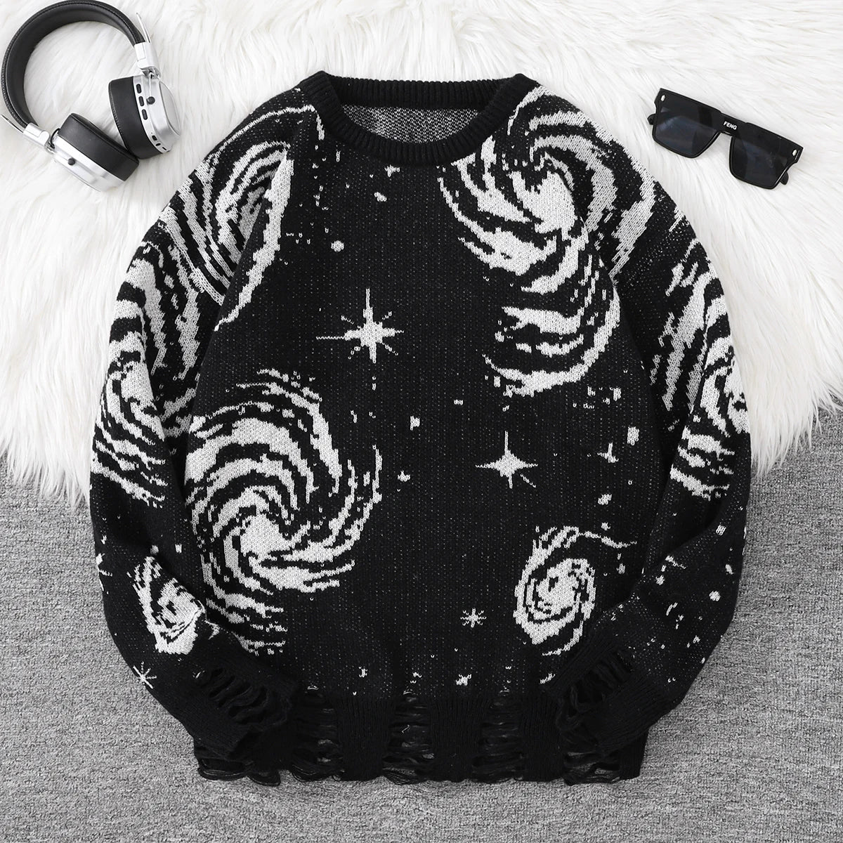 Men's Autumn and Winter Street Style Ripped Abstract Starry Sky Pattern Pullover Sweater, Casual Crew Neck Knit Men's Pullover, Regular Fit, Suitable for Autumn and Winter Seasons