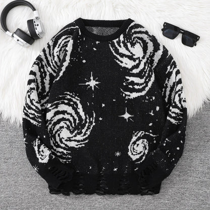 Men's Autumn and Winter Street Style Ripped Abstract Starry Sky Pattern Pullover Sweater, Casual Crew Neck Knit Men's Pullover, Regular Fit, Suitable for Autumn and Winter Seasons