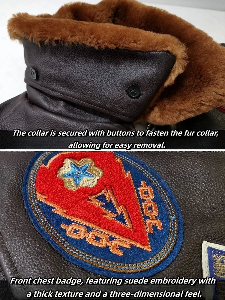 men's Retro Embroidered Leather Jacket CASUAL Loose Fit Pure Cowhide Air Force G1 Pilot Jacket with Fur Collar genuine leather