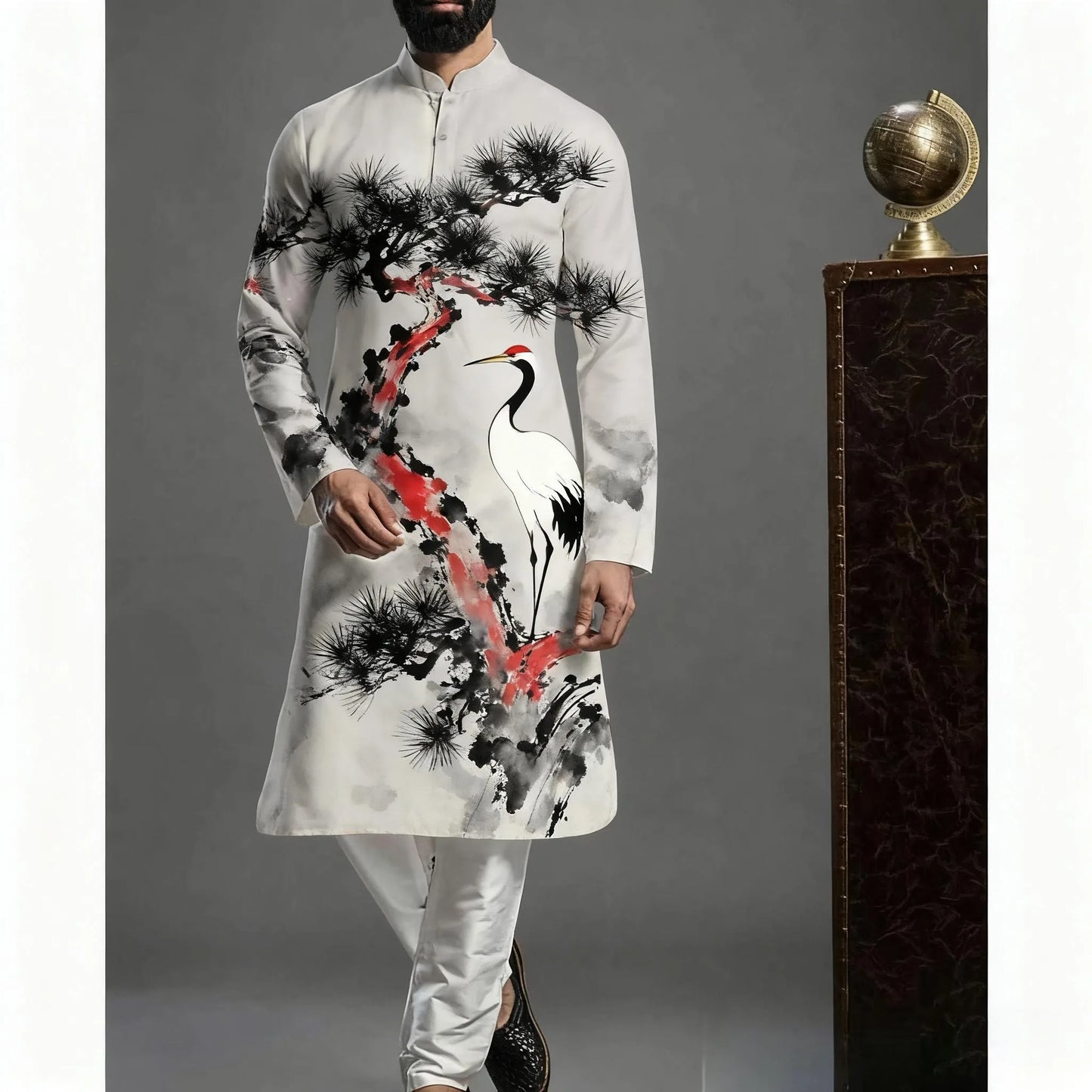 2026 Muslim Tops Men's Ethnic Style Long-sleeved Stand-up Collar Shirts Casual Slim Irregular Ropa Musulmana Hombre