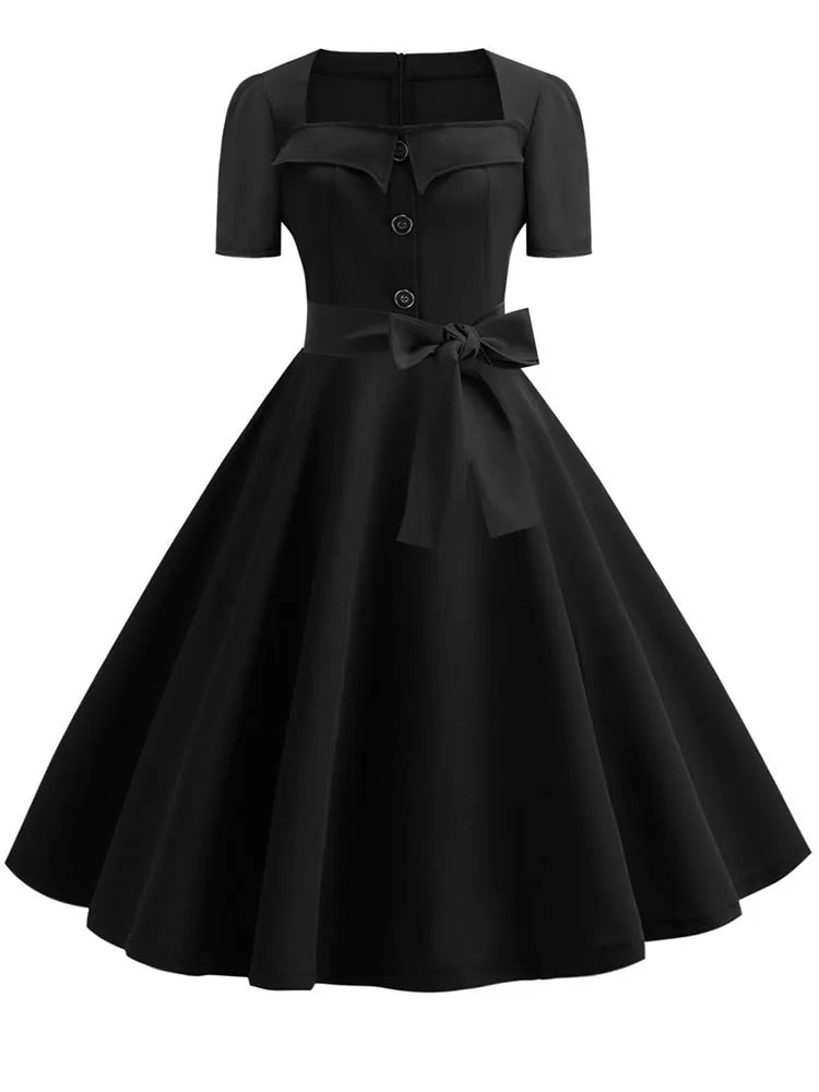 Women's Polka Dot Summer Midi Dress Square Collar Short Sleeve Elegant Vintage Casual Party Holiday Wear