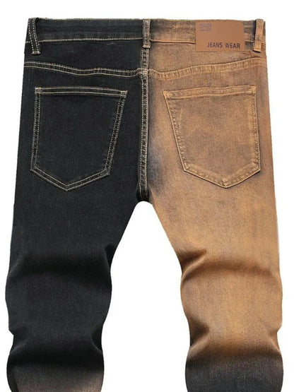 Men Two-Tone Gradient Distressed Jeans Black Yellow Wash Ripped Slim Straight Denim Pants Streetwear Hip Hop Patchwork Trousers