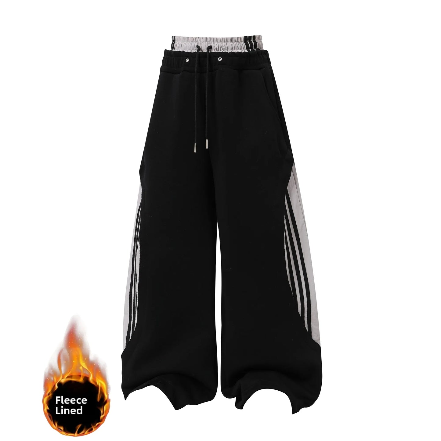 Retro American Fleece Lined Thickened Knife  Wide Leg Pants Women's Winter Double Waist Dance Trousers Casual Striped Pants