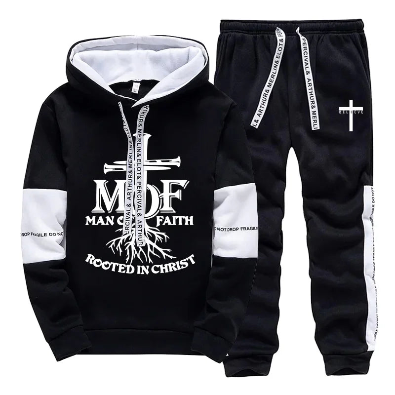 Man of Faith Hoodies Sweatpants Men's Tracksuit Autumn Winter Daily Casual Sporty Jogging Suit Urban Fashion Christ Jesus Outfit