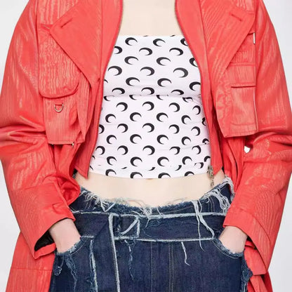 New Fashion Moon Print Sexy Short Crop Top Women's Summer Korean Style Leisure Streetwear Sweet Strapless Slim Fit Blouse