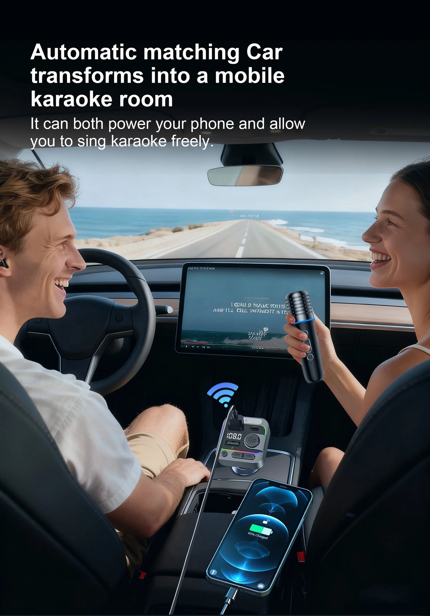 Bluetooth 5.3 Car FM Transmitter Type-C Dual USB Charging Car Audio MP3 Player Hands Free Calling with Karaoke Car Microphones