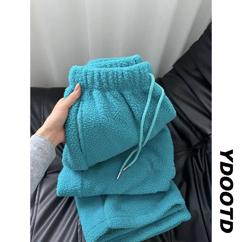 Lake Blue Lamb Fur Fleece Sweatpants Loose Wide Leg Casual Trousers Men's Hiphop Thick Warm Sports Pants High Waist Autumn Wi...