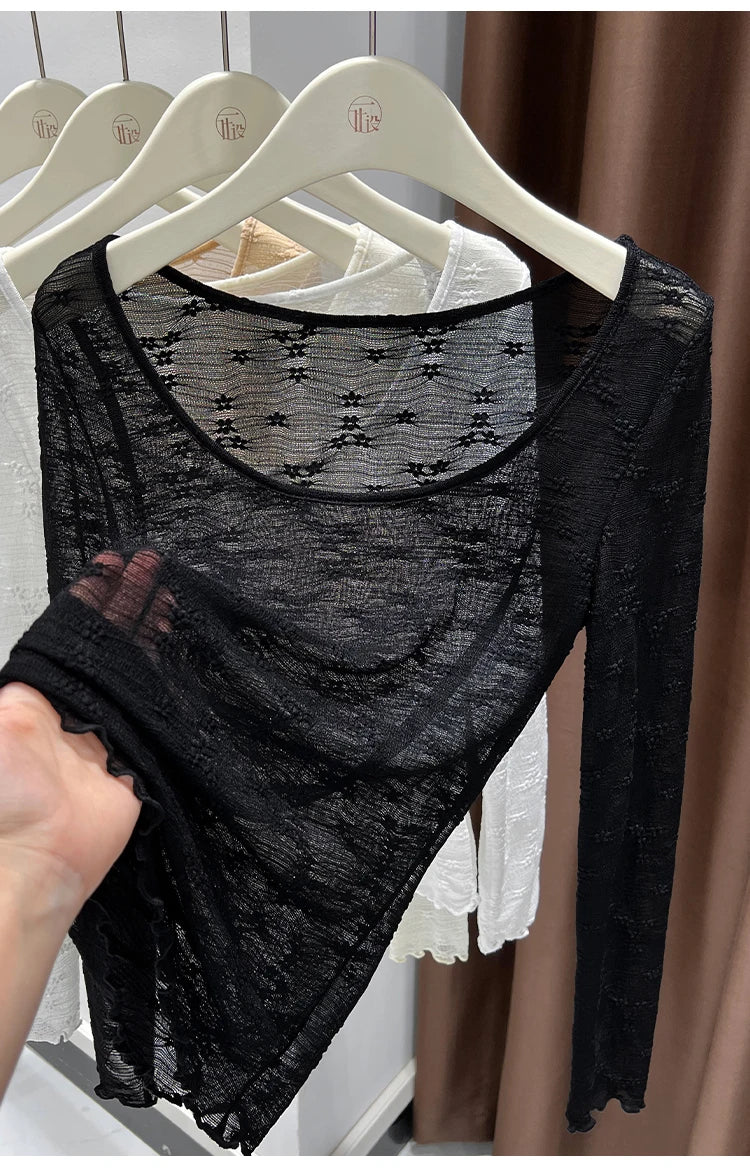 Sexy Lace Base Shirt Inner Wear Light Mesh Top Floral Trim Shoulder Exposure Thin Nylon Fabric Long Sleeve round Neck Spring ...