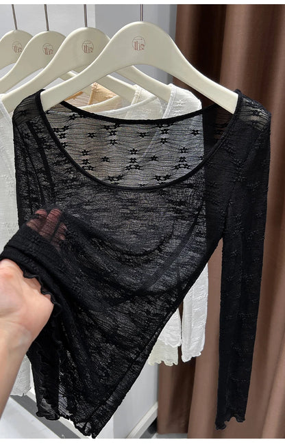 Sexy Lace Base Shirt Inner Wear Light Mesh Top Floral Trim Shoulder Exposure Thin Nylon Fabric Long Sleeve round Neck Spring ...