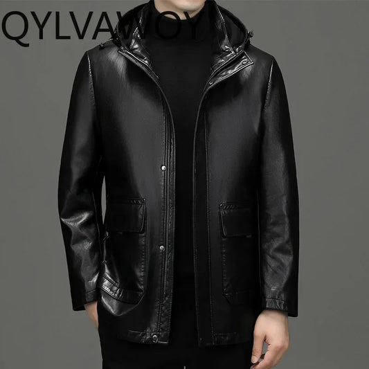 QYLVAWOY Leather Down Jacket Hooded Mid-length 90% White Duck Down Coat Detachable Liner Fashion PU Leather Jackets Man Clothing