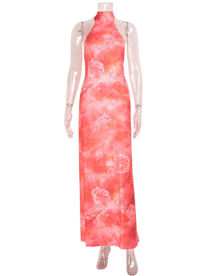 CNYISHE Prints Mesh Sheer Halter Sleeveless Backless Sheath Fashion Holiay Outfits Chic Sexy Club Women Dresses Female Bodycon