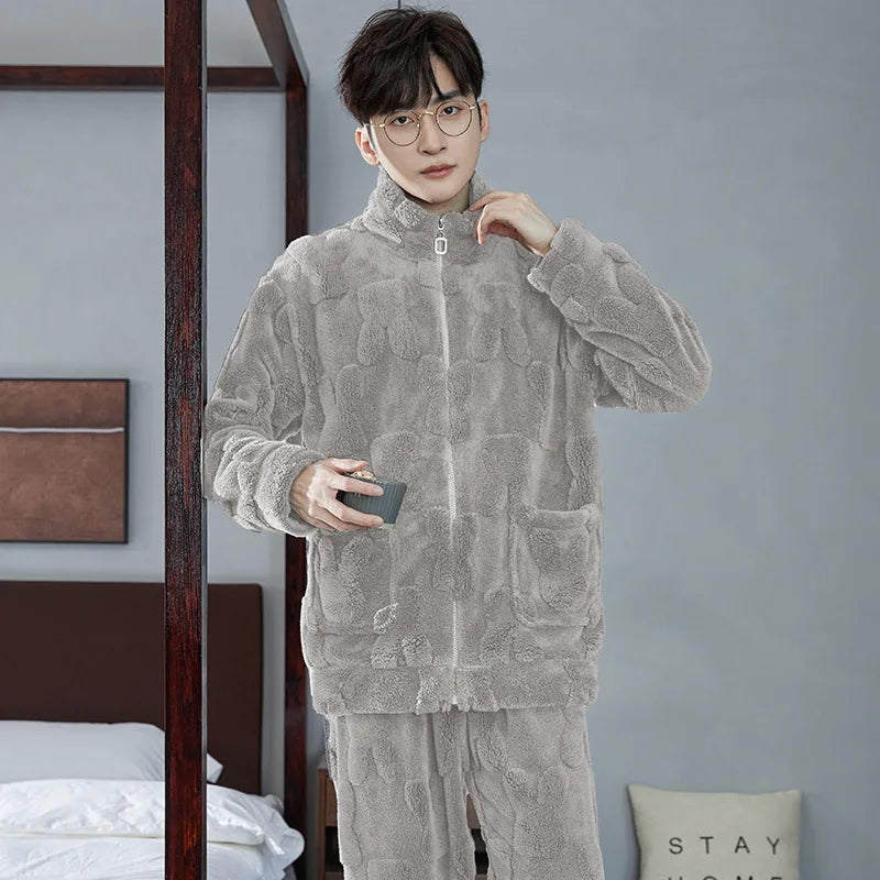 2025 New Couple Sleepwear Men's Autumn Winter Stand Collar Zipper Thick Long Sleeve Coral Fleece Home Clothes Men's Pyjamas