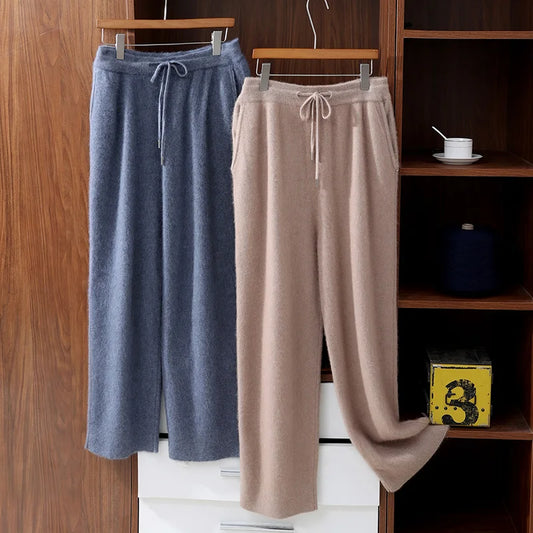MVLYFLRT Men's 100% Mink Cashmere Thick Wide Leg Pants Comfortable Fit Knitted Luxury Winter Trousers D188