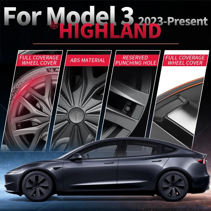 4PCS 18Inch Hubcaps for Tesla Model 3 Highland 2024-2026 Hub Cap Automobile Cap Full Rim Wheel Cover Can not for Model 3 Standar