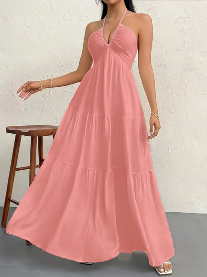 Summer 2026 Women's Trendy Deep V Shoulder Bohemian Style Dress with Belt for Wedding Festival Party Casual Wear