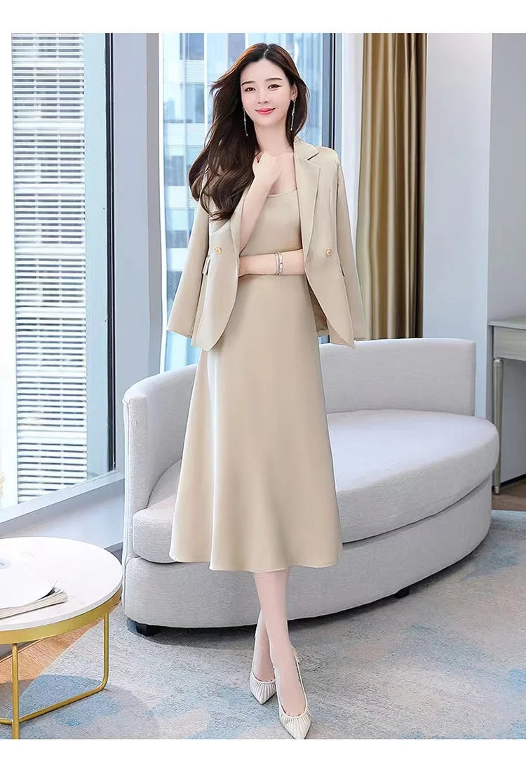 plus Size Women's Dress Suit Set Sleeveless Long Dress with Jacket Autumn Fashion Slimming Two-Piece Set High Waist Korean Style