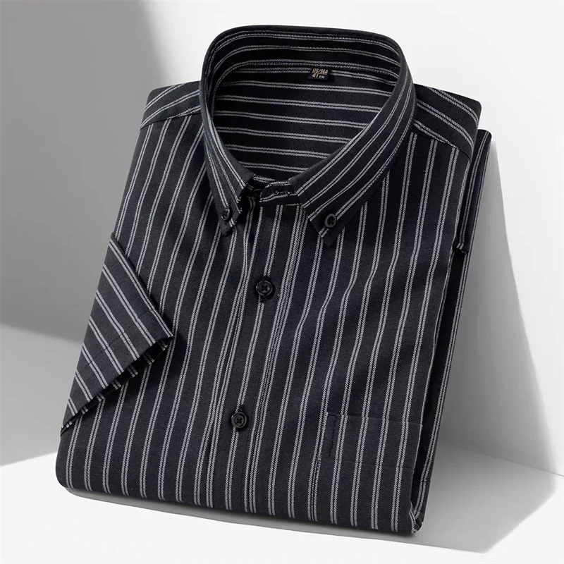 New 100% Cotton Men's Oxford Shirts Short Sleeve Summer Stripe Casual Formal Dress Social Regular Fit White Fashion Clothes 5XL