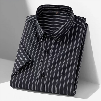 New 100% Cotton Men's Oxford Shirts Short Sleeve Summer Stripe Casual Formal Dress Social Regular Fit White Fashion Clothes 5XL