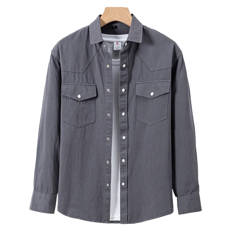 100% Cotton Workwear Shirt Jacket, Korean Snap Button Design, Enzyme Wash Vintage, Khaki Black Grey Beige S-4XL