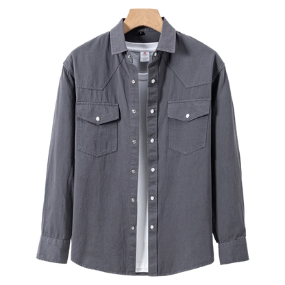 100% Cotton Workwear Shirt Jacket, Korean Snap Button Design, Enzyme Wash Vintage, Khaki Black Grey Beige S-4XL