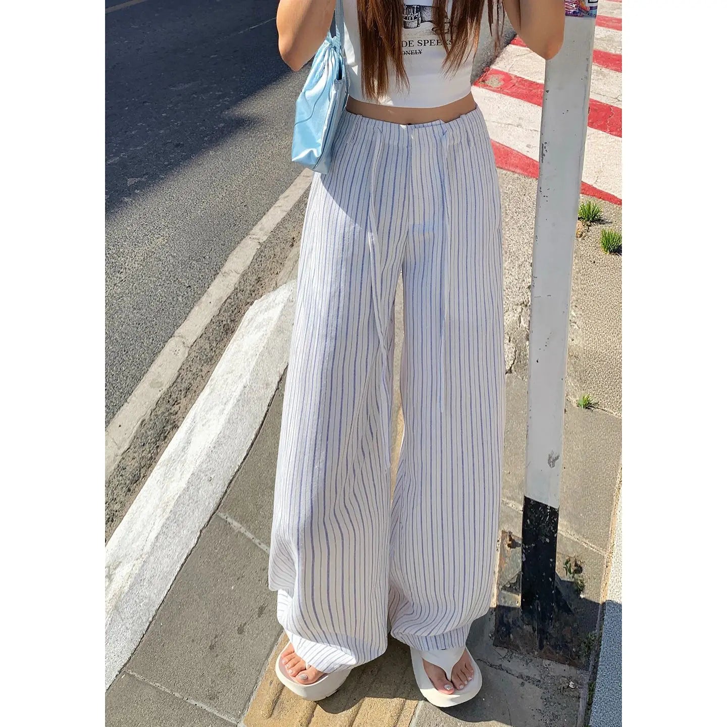 High-waist loose wide-leg pants, spring and summer new drawstring vertical striped versatile straight-leg casual pants for women