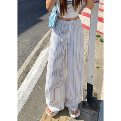 High-waist loose wide-leg pants, spring and summer new drawstring vertical striped versatile straight-leg casual pants for women