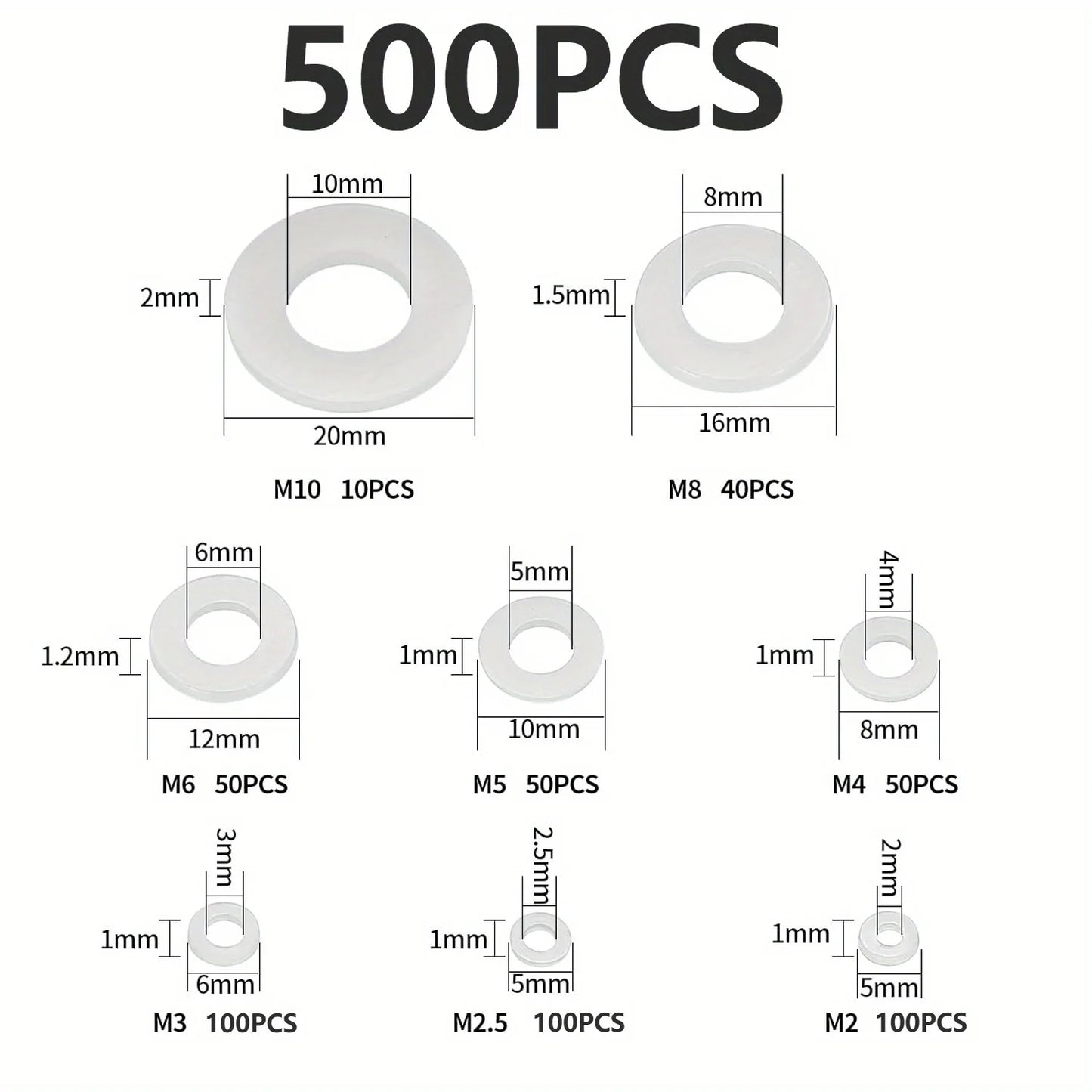 500Pcs M2 M2.5 M3 M4 M5 M6 M8 M10 White Plastic Nylon Flat Washer Flat Gasket Screw Bolt Insulation Washer Assembly Kit