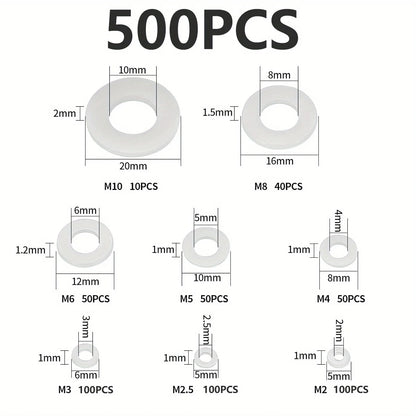 500Pcs M2 M2.5 M3 M4 M5 M6 M8 M10 White Plastic Nylon Flat Washer Flat Gasket Screw Bolt Insulation Washer Assembly Kit