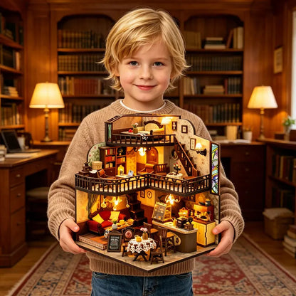 DIY Miniature Dollhouse Kit Vintage Coffee Shop with LED Light Included 3D Wooden Puzzle  Set of Furniture Creative Craft Gifts