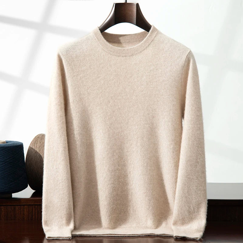 100% Cashmere Men's Pullover Business Casual Solid Knitted Sweater Loose Pull Round Neck Collar Tops Basic Versatile Jumper