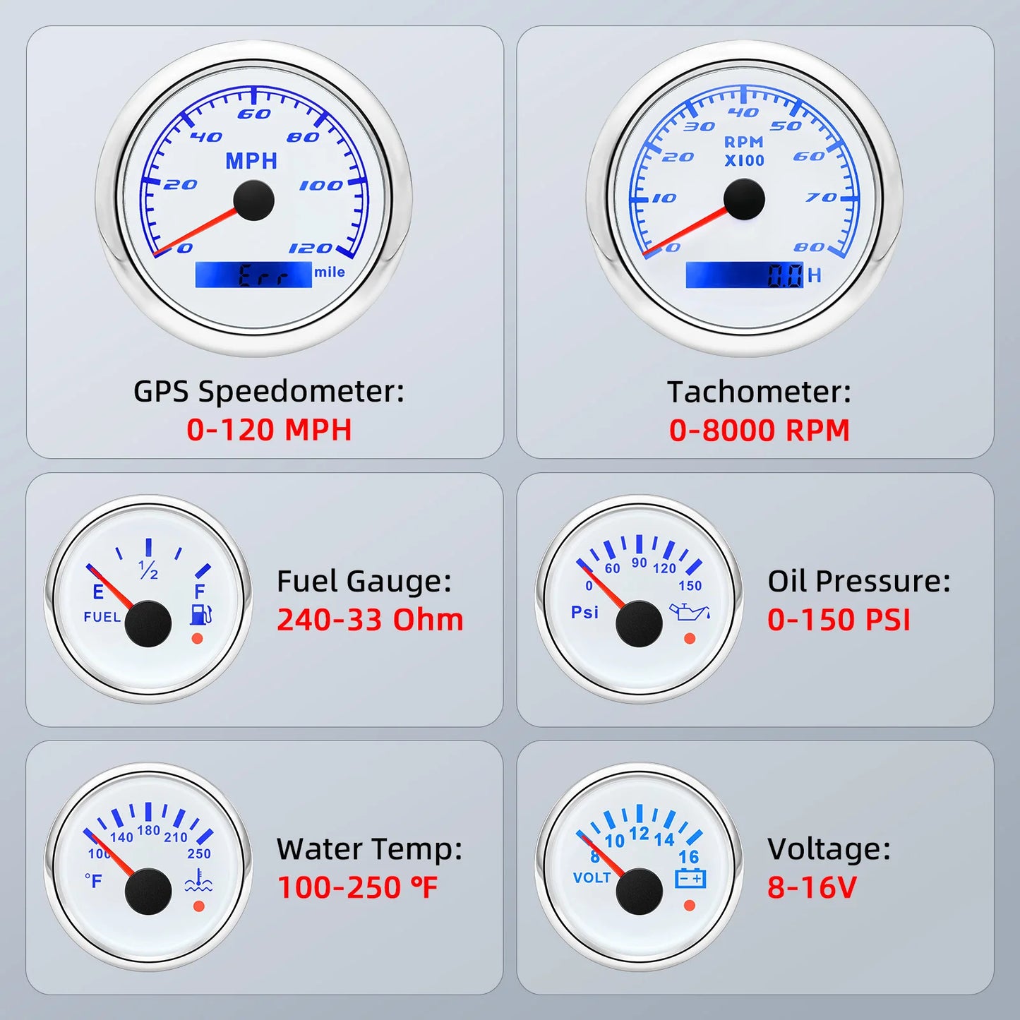6 Gauge Set Tachometer Fuel Level Oil Pressure Water Temp Voltmeter GPS Speedometer With Sensors For Marine Car Boat Customized