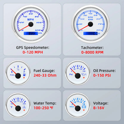 6 Gauge Set Tachometer Fuel Level Oil Pressure Water Temp Voltmeter GPS Speedometer With Sensors For Marine Car Boat Customized