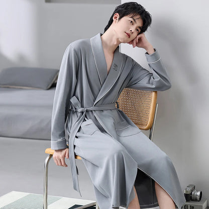 Spring Autumn Bathrobe Men 100% Cotton sleep top Kimono Robes For Male Solid Robes Long Bath Robe Bridegroom Robe Dressing Gown