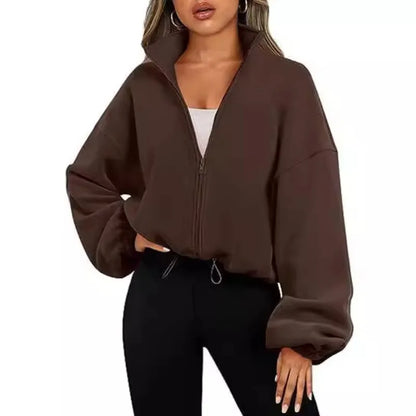 New Fashion Fall Winter Women's Short Zipper Hoodie Cropped Sweatshirt Drawstring Waist Puff Sleeve Pullover Y2k Clothing