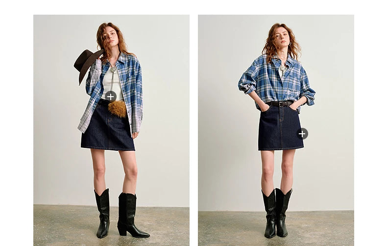 TOYOUTH Women Brushed Shirts 2026 Spring New Mid-Length Gradient Blue-White Plaid Loose Blouses