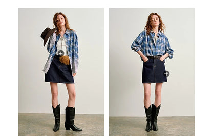 TOYOUTH Women Brushed Shirts 2026 Spring New Mid-Length Gradient Blue-White Plaid Loose Blouses