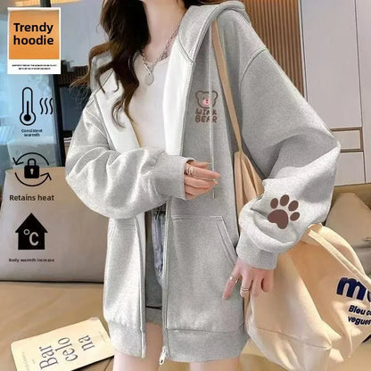 Korean Style Fleece Lined Oversized Hooded Cardigan Women's Autumn Winter Zipper Cartoon Print Top Coat Trendy Streetwear