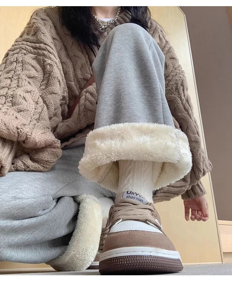 Thickened Fleece Women's Sports Pants Autumn Winter New Style Casual Loose Wide Leg Sweatpants High Waist Polyester Fiber