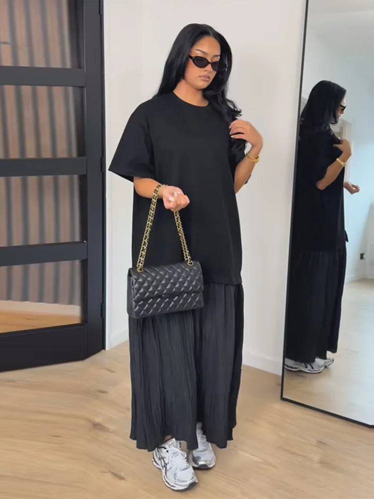 Fashion Women Patchwork Dress Chic Short Sleeve Round Neck Solid Ruffles Female Dress Casual Lady Streetwear Commute Summer 2026